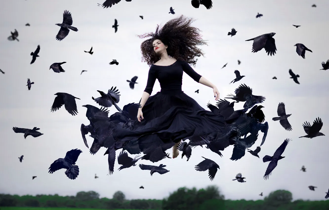 Фото обои девушка, птицы, платье, полёт, в чёрном