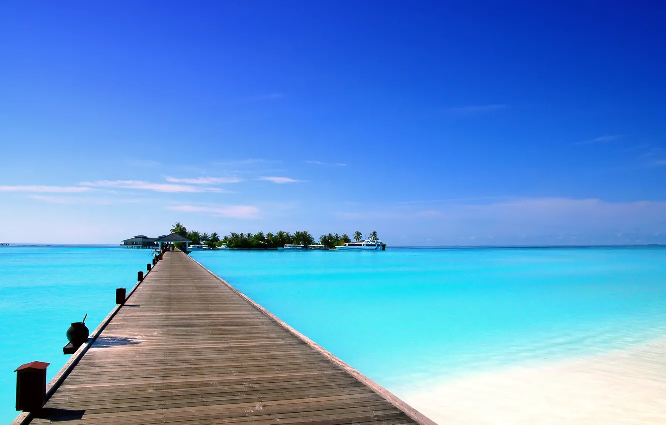Фото обои мост, пальмы, океан, остров, курорт, Maldives, Dhigurah Island