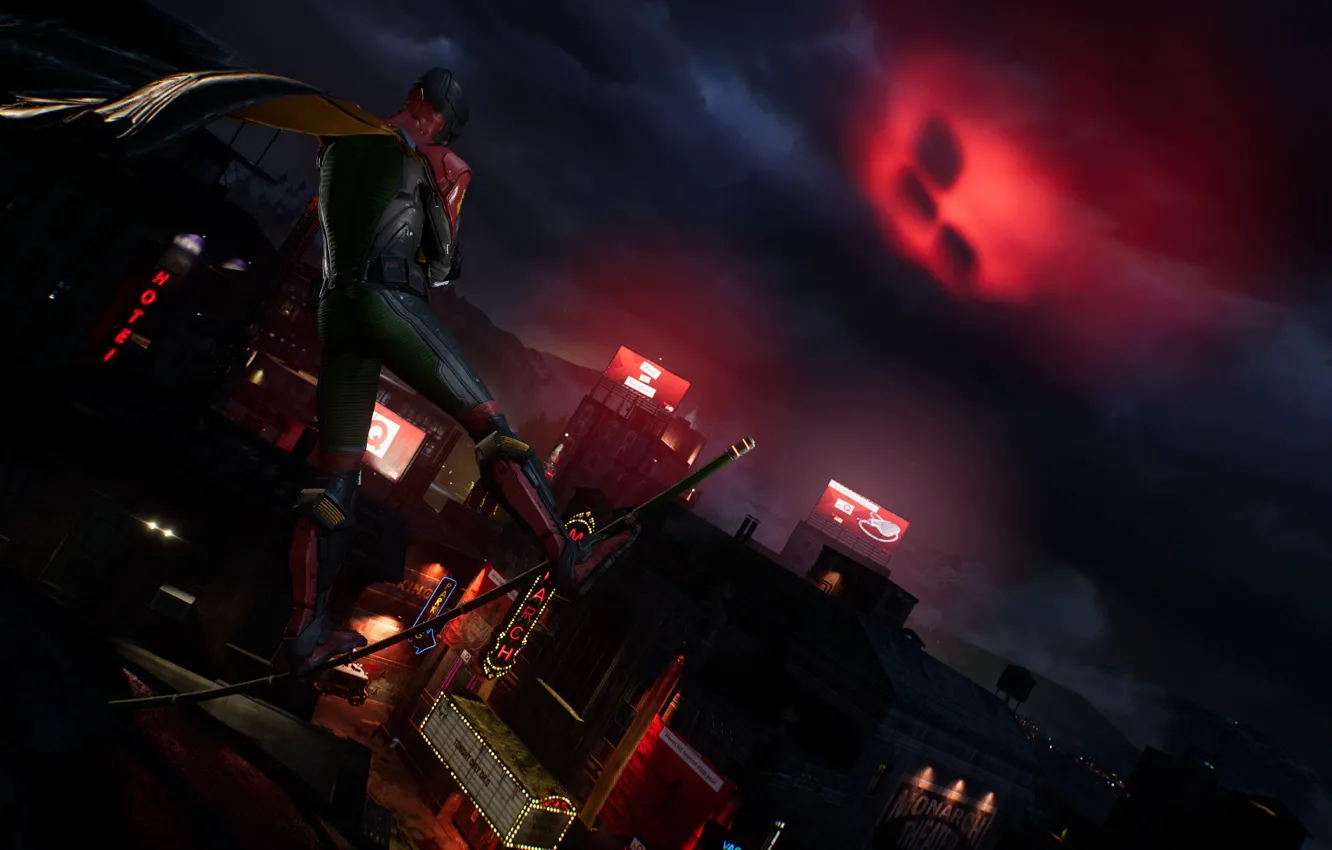 Фото обои Desktop, City, sky, night, background, Robin, Gotham, GothamKnights