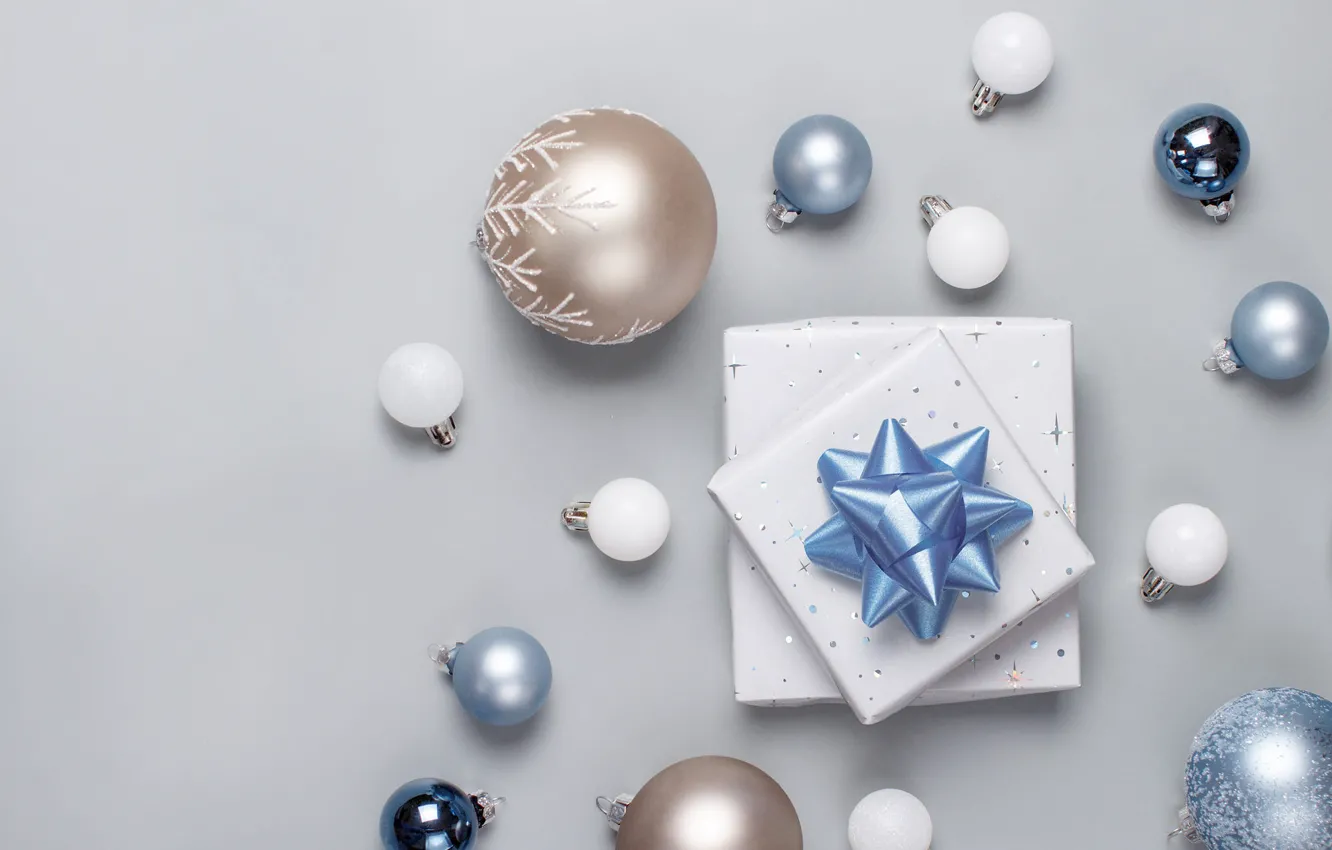 Фото обои шарики, украшения, праздник, шары, голубые, Рождество, подарки, Новый год