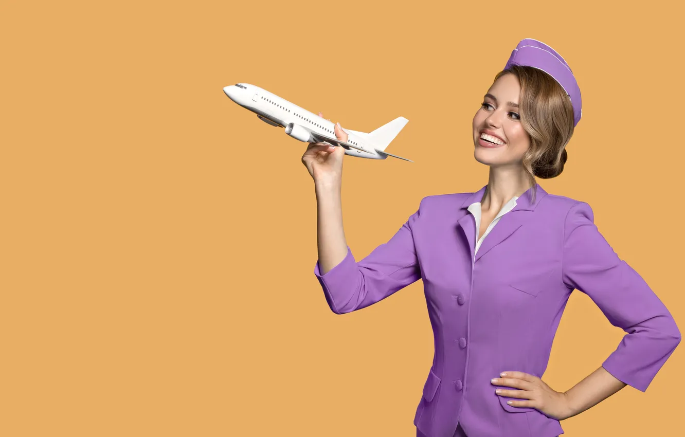 Фото обои girl, aircraft, woman, smile, background, airplane, air, orange