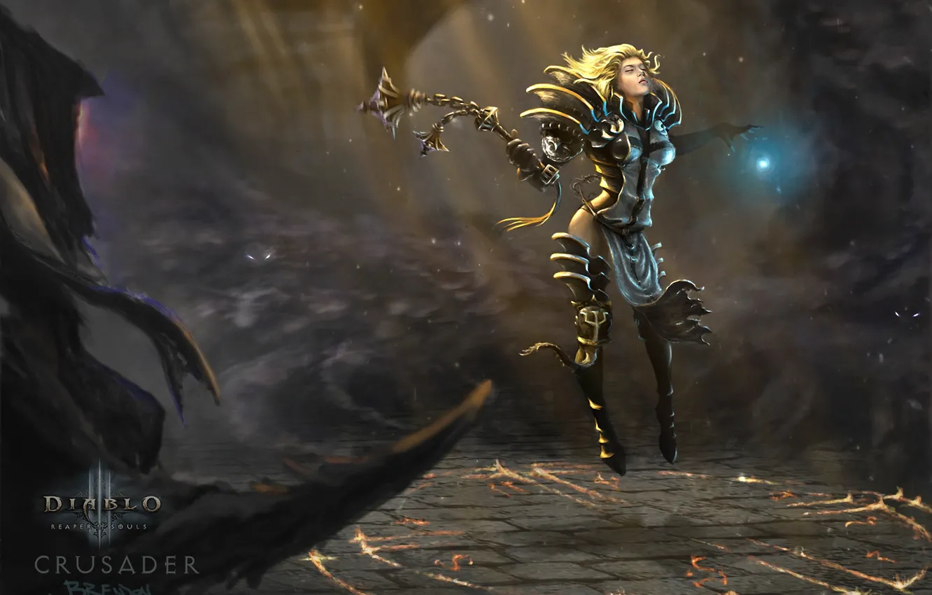 Фото обои девушка, свет, оружие, магия, арт, Diablo 3, Reaper of Souls, Crusader