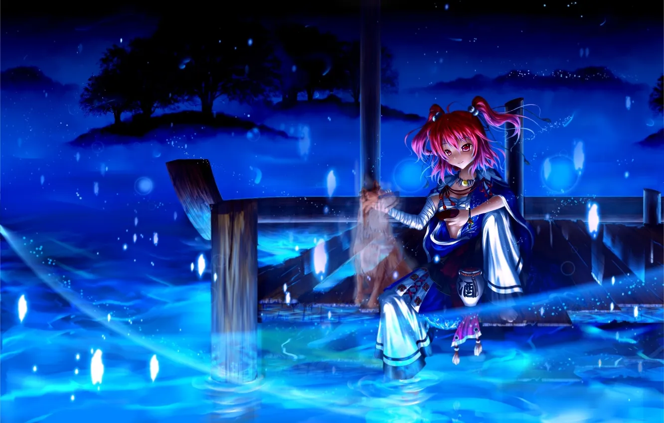 Фото обои девушка, собака, пирс, touhou, onozuka komachi