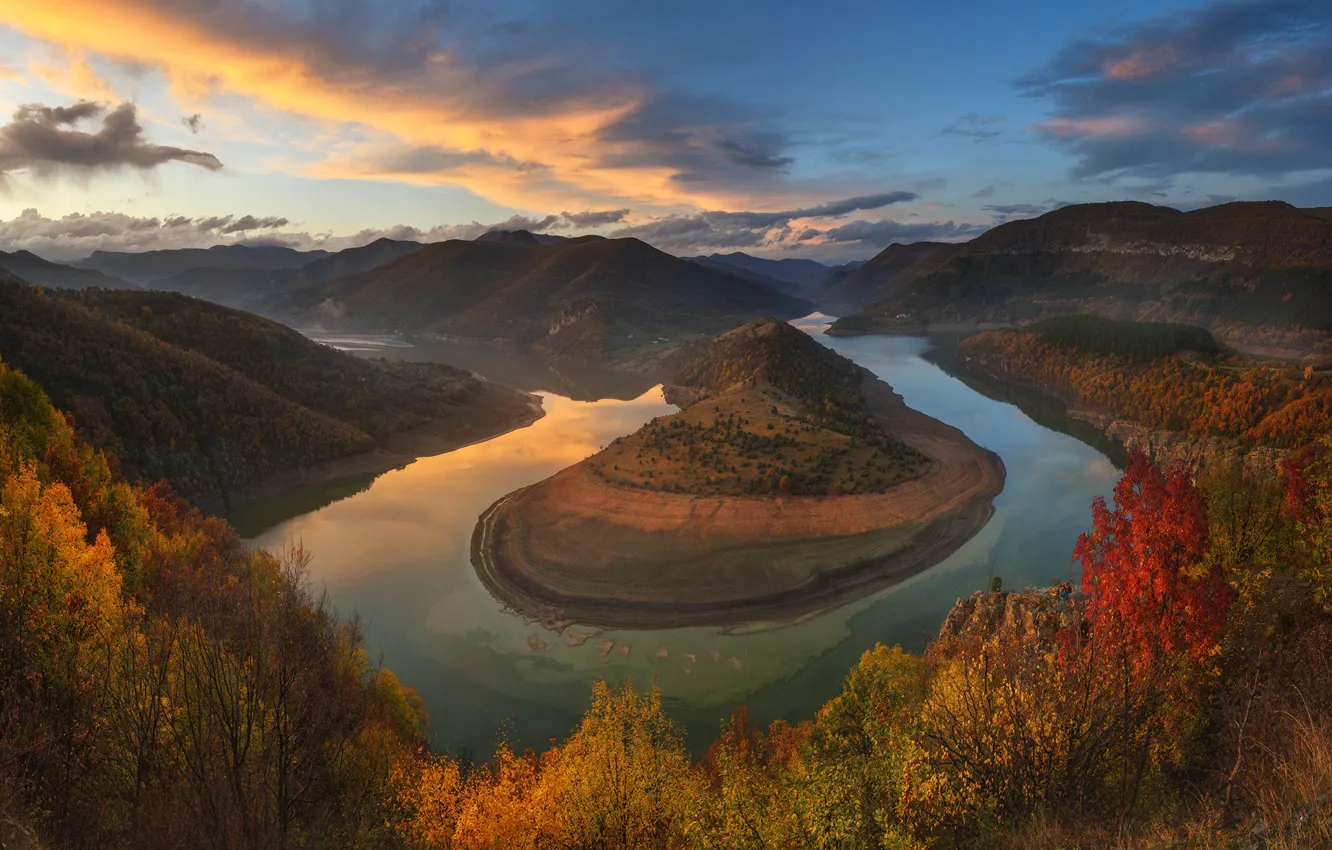 Фото обои осень, облака, пейзаж, закат, горы, природа, река, Болгария