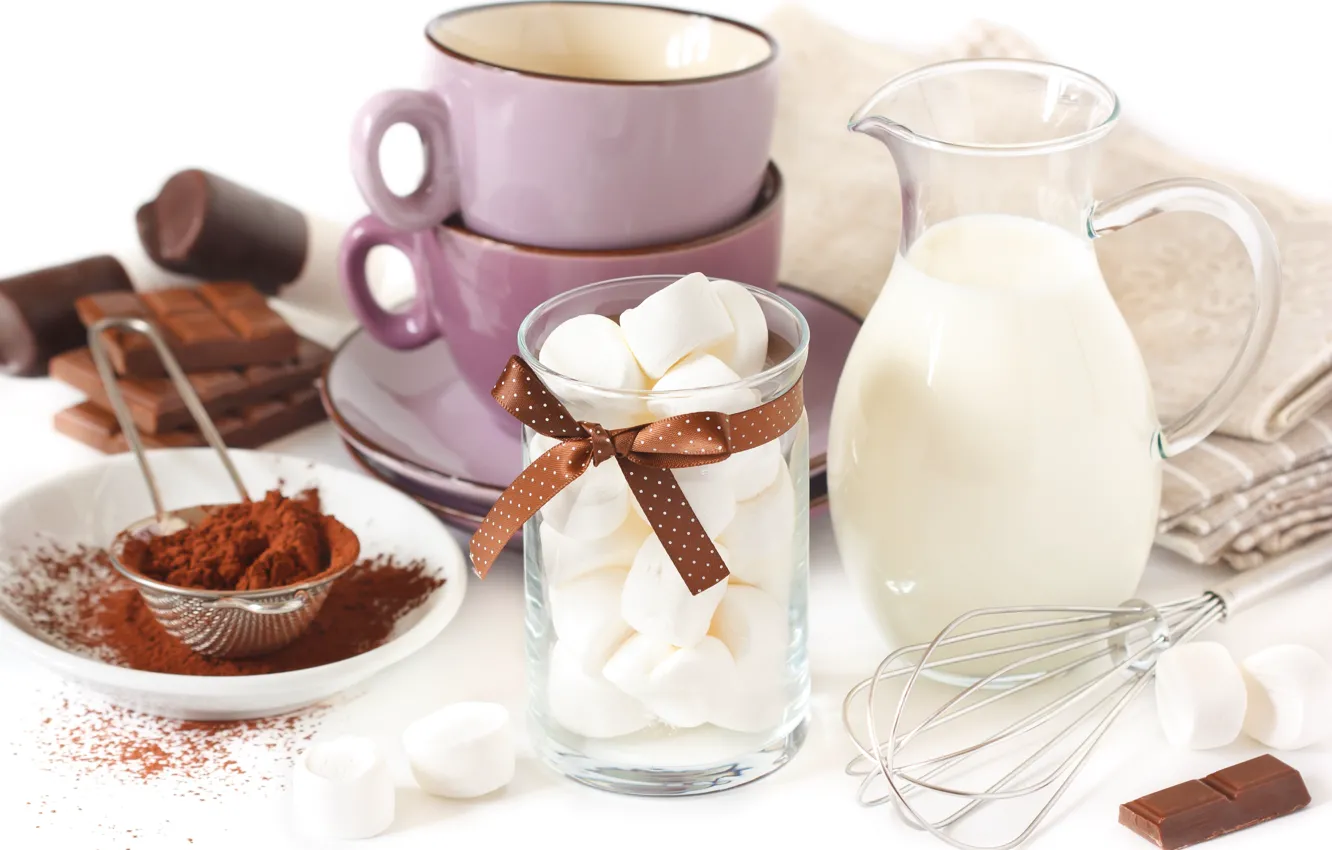 Фото обои шоколад, молоко, чашка, кувшин, блюдца, зефир, салфетки