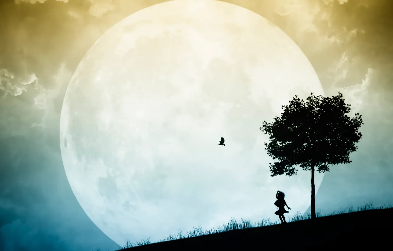 Фото обои дерево, птица, луна, силуэт, девочка