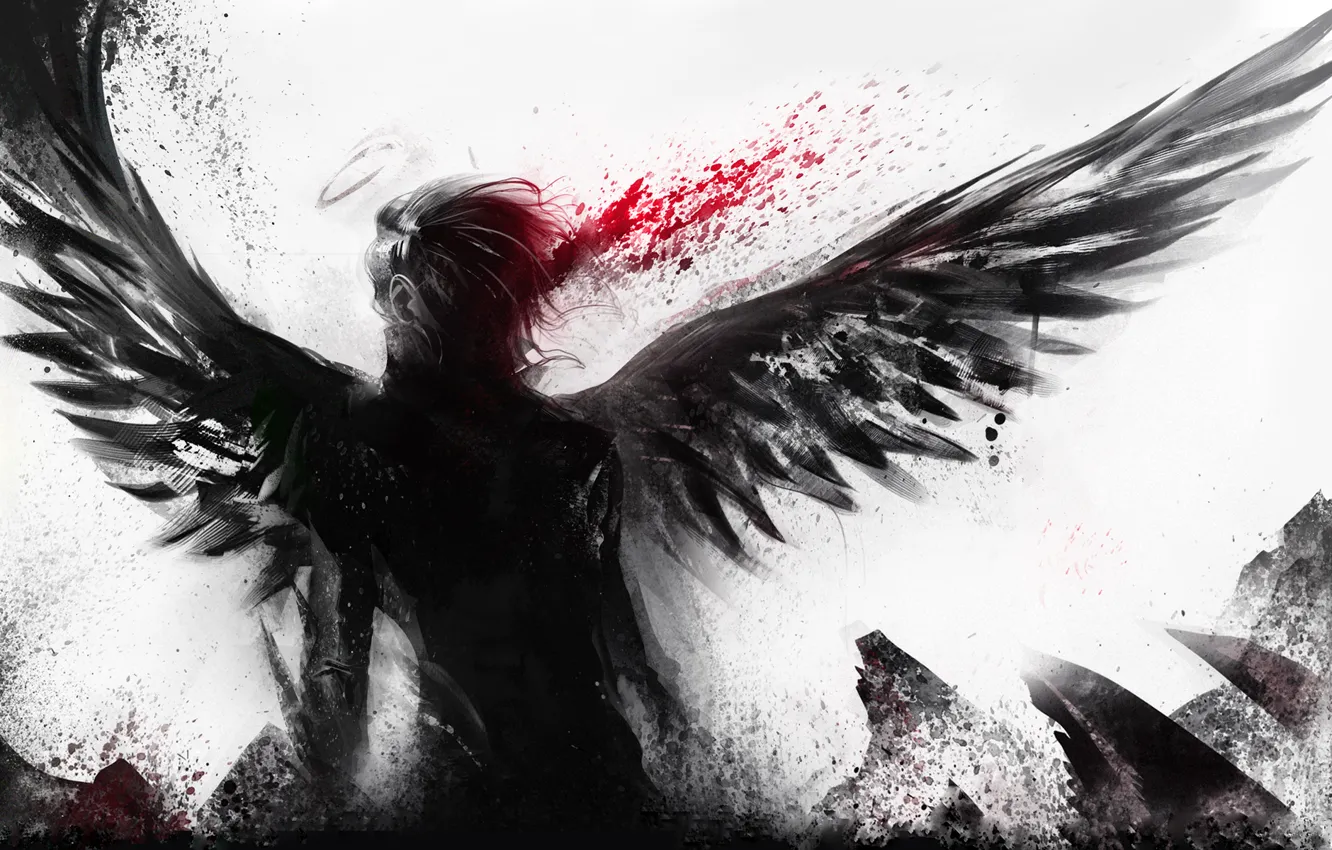Фото обои кровь, белый фон, мужчина, ангельские крылья, нимб, короткие волосы, sakimichan, монохромное