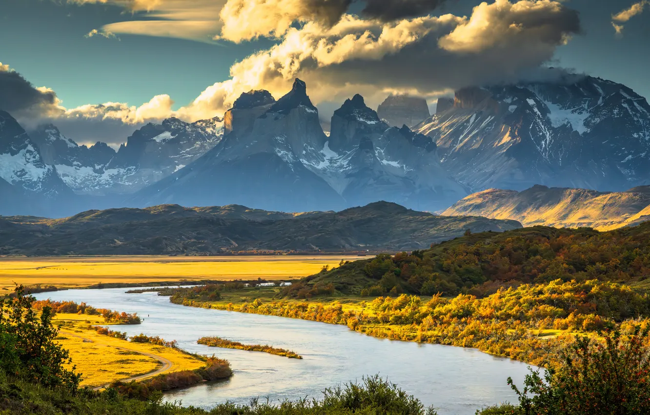 Фото обои облака, горы, река, Чили, Torres del Paine National Park