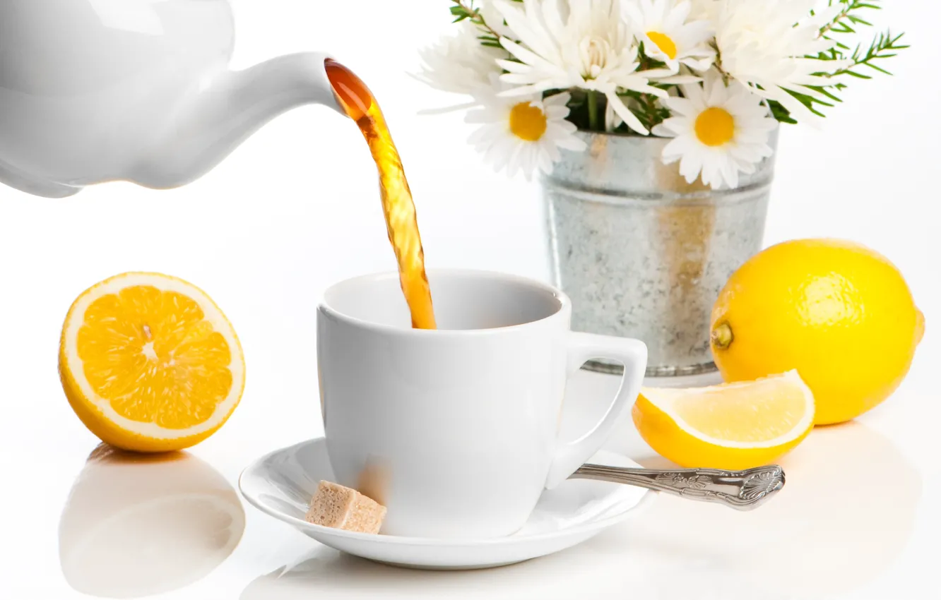 Фото обои цветы, лимон, чай, ромашки, чашка, сахар, напиток, ложечка