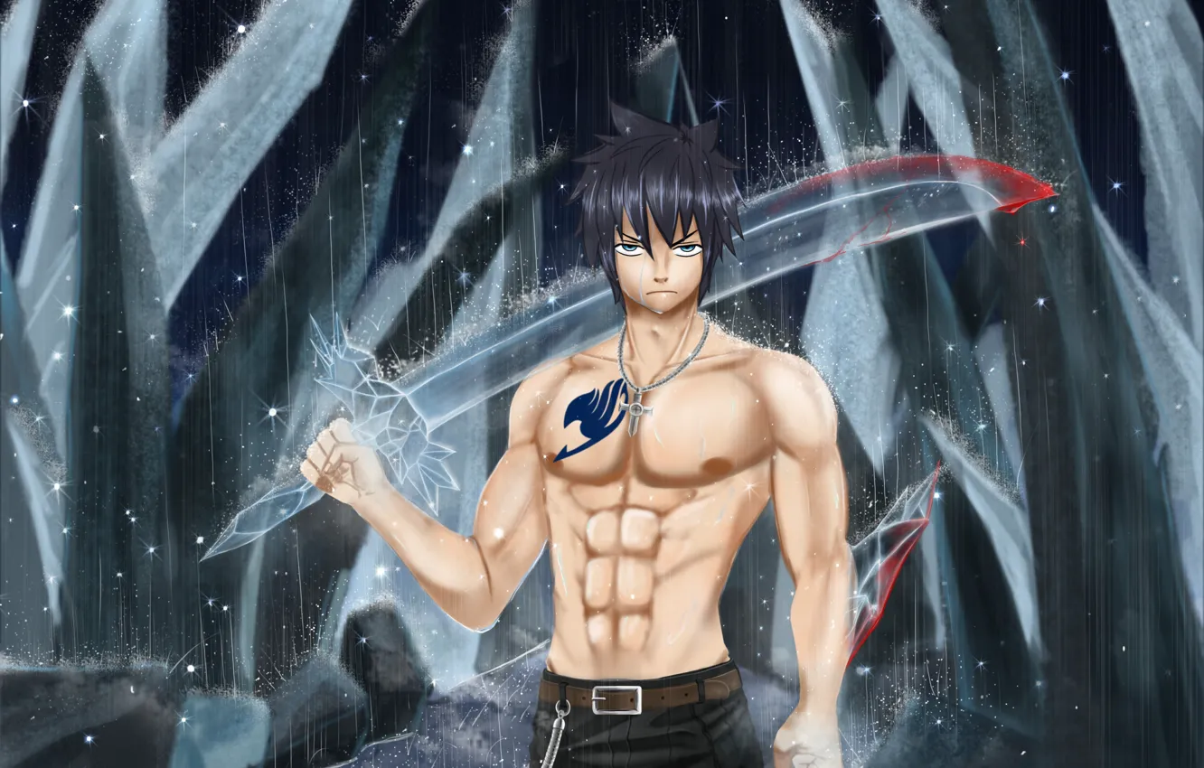 Фото обои волшебство, аниме, sword, blood, ice, grey, anime, art