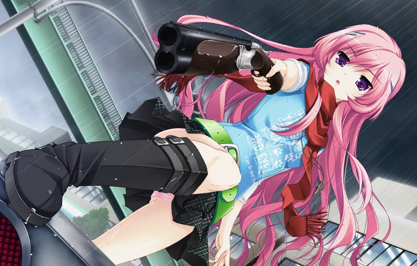 Фото обои девушка, пистолет, дождь, арт, светофор, Аниме, pink hair, крестик