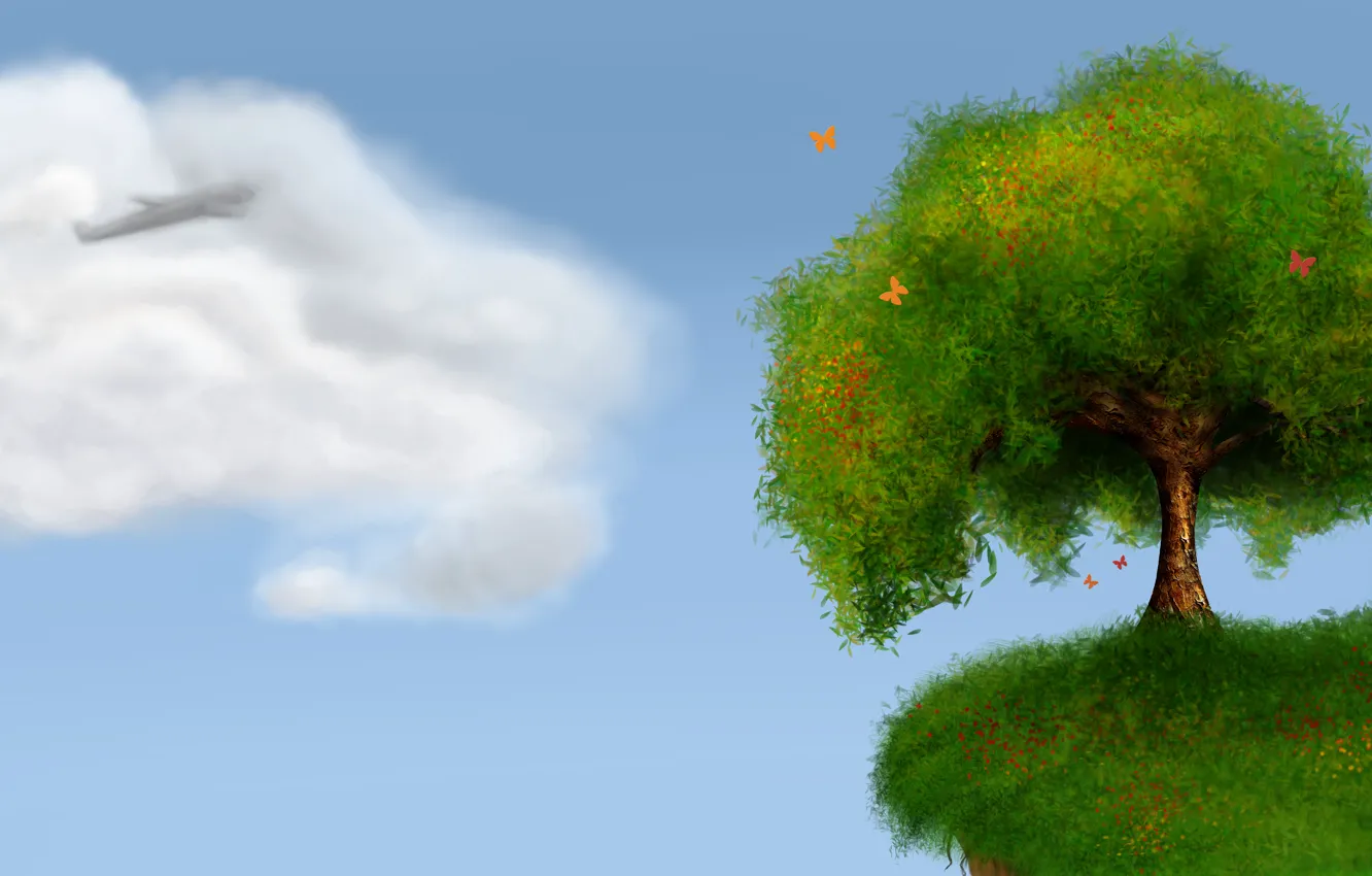 Фото обои зелень, трава, облака, бабочки, пейзаж, самолет, обрыв, дерево