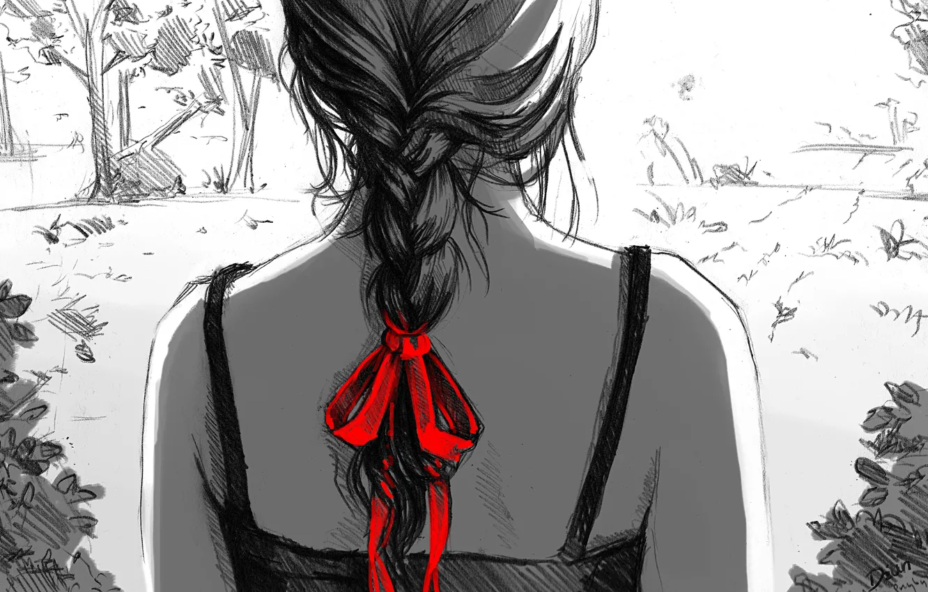 Фото обои девушка, красный, рисунок, арт, черно-белое, коса, бант, спиной