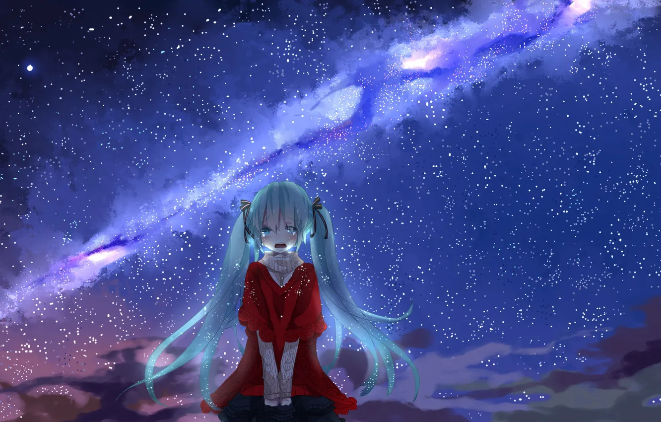 Фото обои небо, девушка, звезды, облака, ночь, слезы, арт, vocaloid