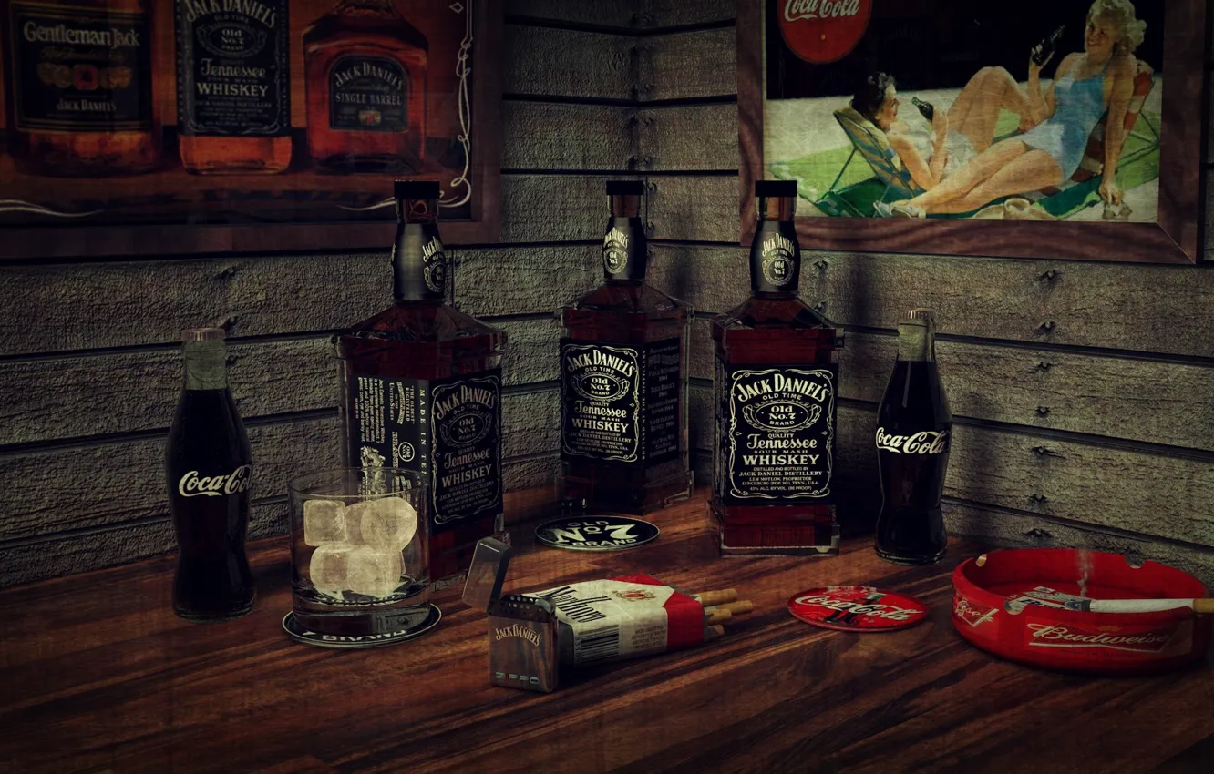 Фото обои ice, whiskey, coca-cola, smoking, bar, cigarette, bottles, Jack Daniels