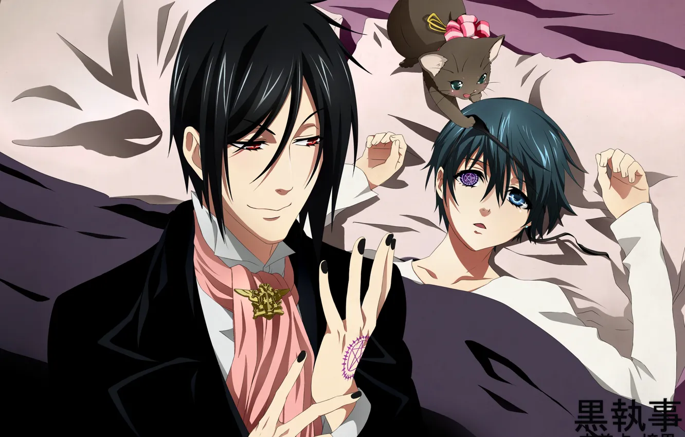 Фото обои мальчик, демон, постель, перчатки, котёнок, граф, Kuroshitsuji, Sebastian Michaelis