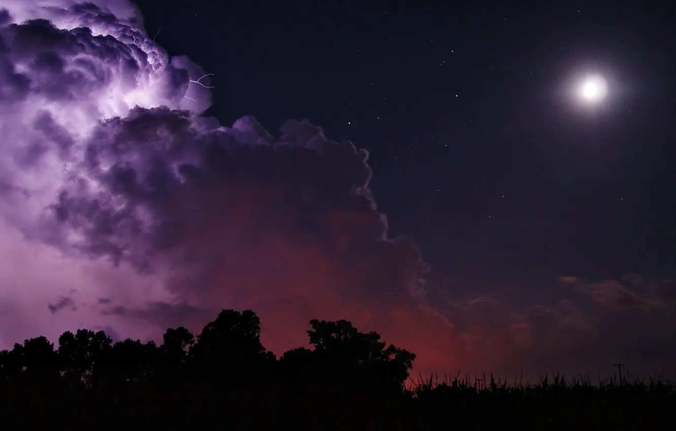 Фото обои облака, луна, молния