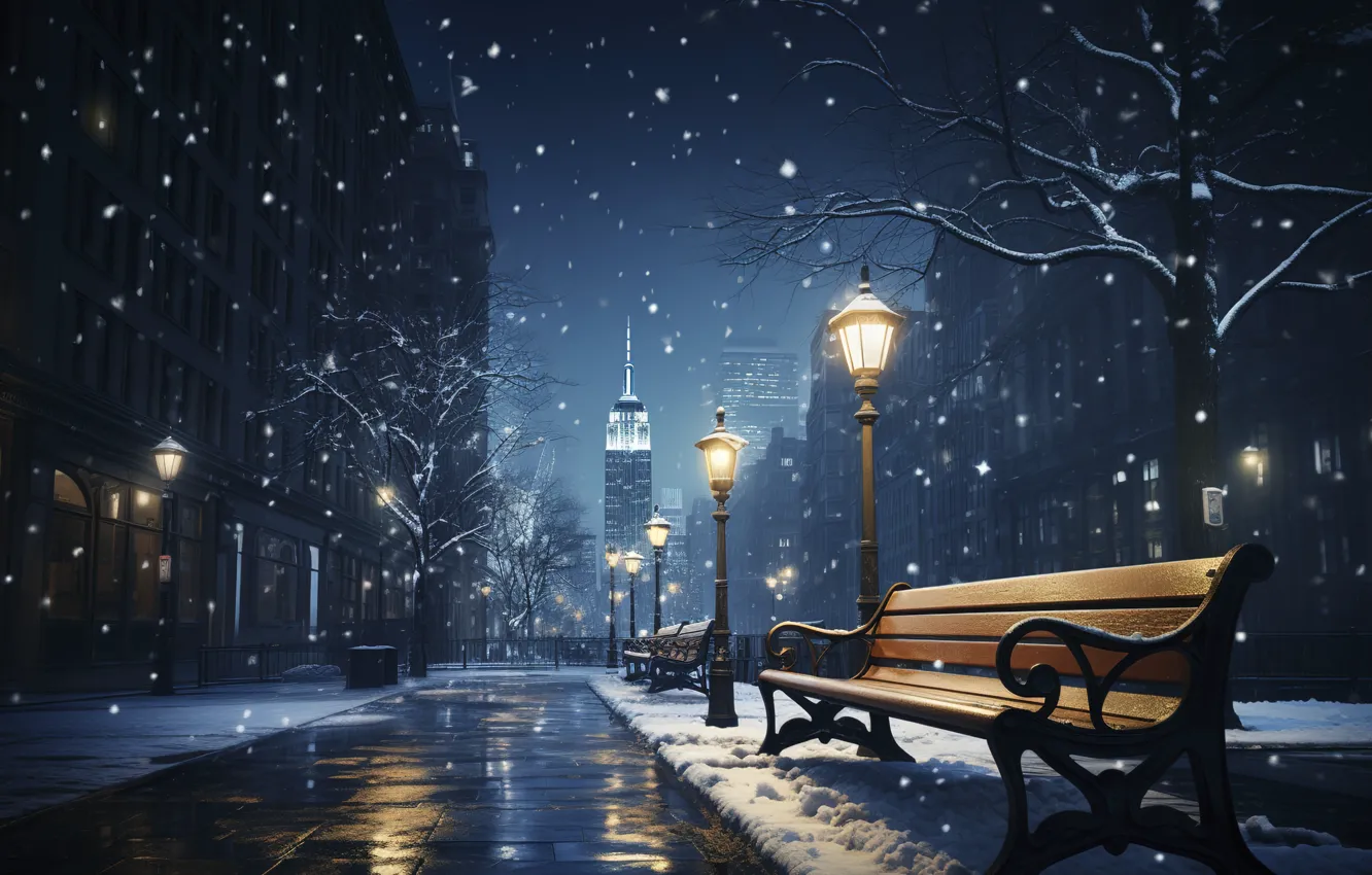 Фото обои зима, снег, скамейка, ночь, city, город, lights, огни