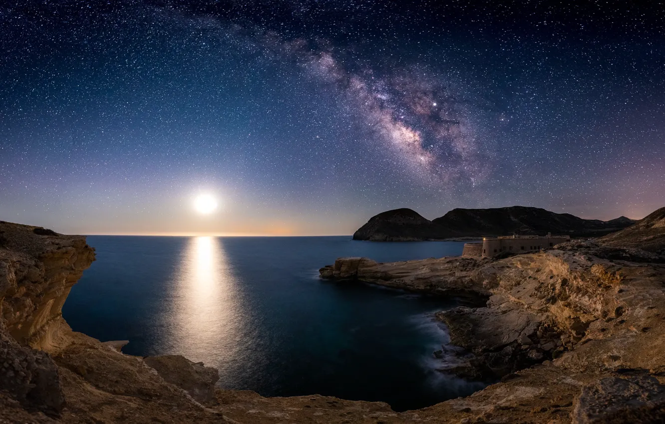 Фото обои Cabo de Gata, Almería, San Ramón Castle, under the stars