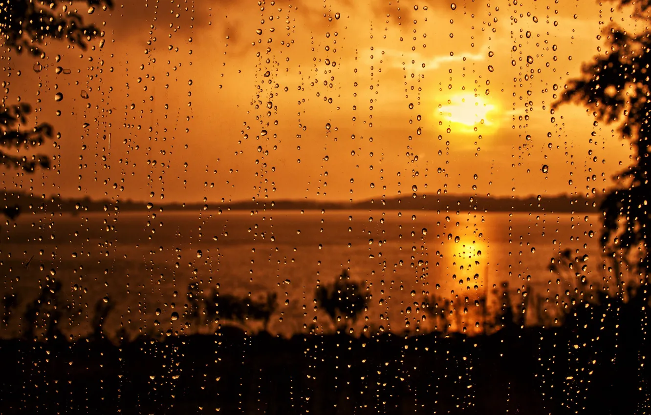 Фото обои стекло, капли, закат, дождь