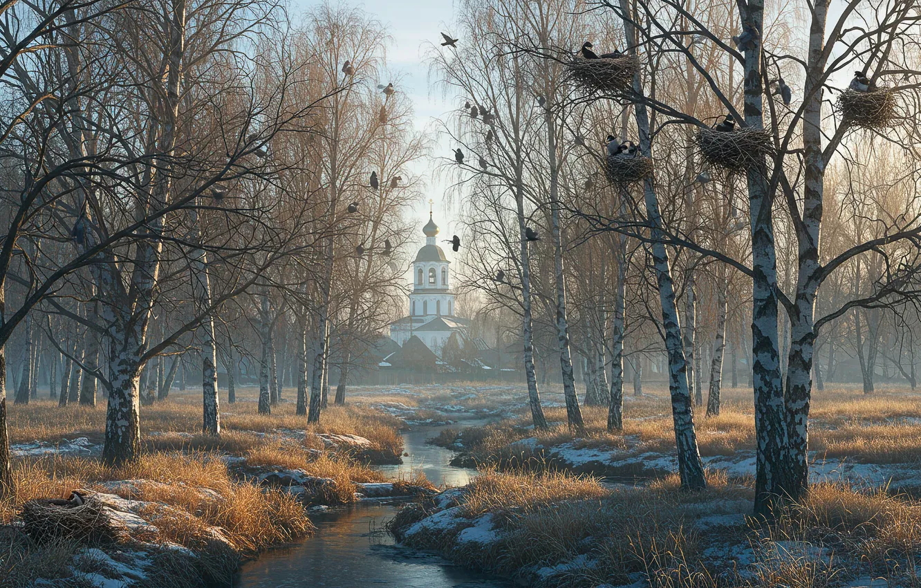 Фото обои ручей, весна, церковь, березы, wallpaper, brook, spring, church