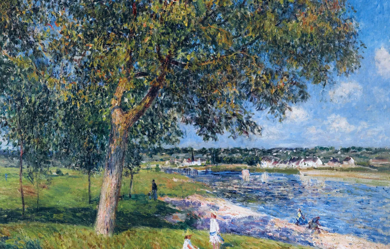 Фото обои пейзаж, река, картина, Alfred Sisley, Альфред Сислей, Ореховое Дерево в Томри