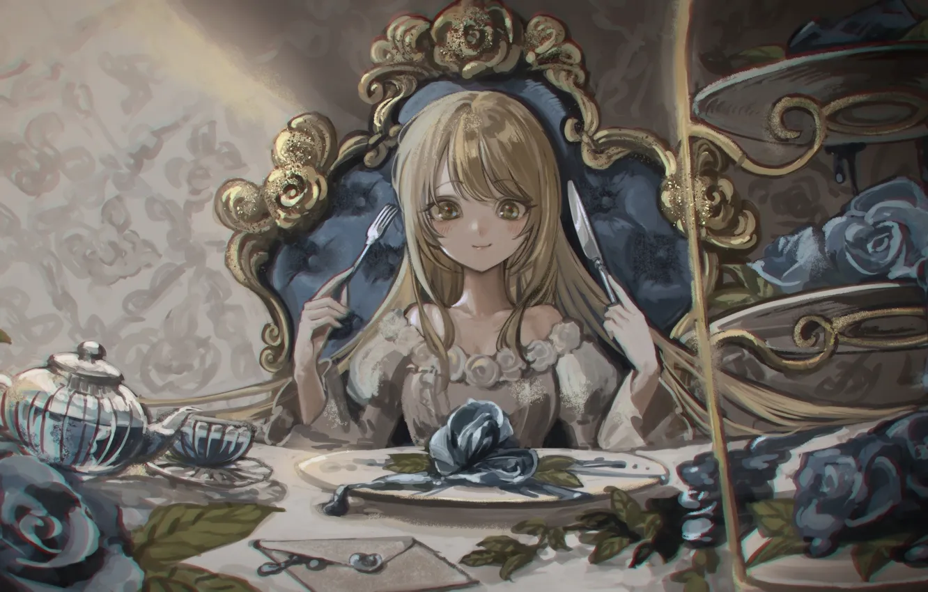 Фото обои чай, розы, клетка, девочка, за столом