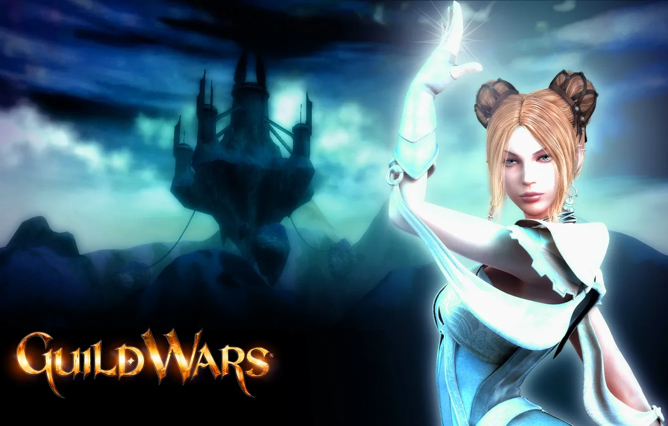 Фото обои девушка, тучи, замок, магия, молния, маг, Guild Wars, стихийник