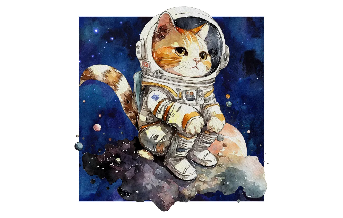 Фото обои кошка, кот, взгляд, котенок, космонавт, мордашка, ИИ-арт, нейросеть