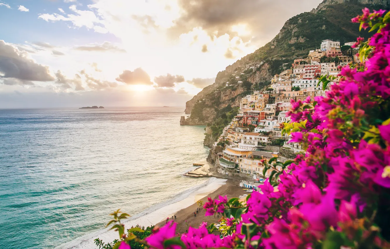 Фото обои цветы, город, побережье, Италия, домики, sea, Italy, coast