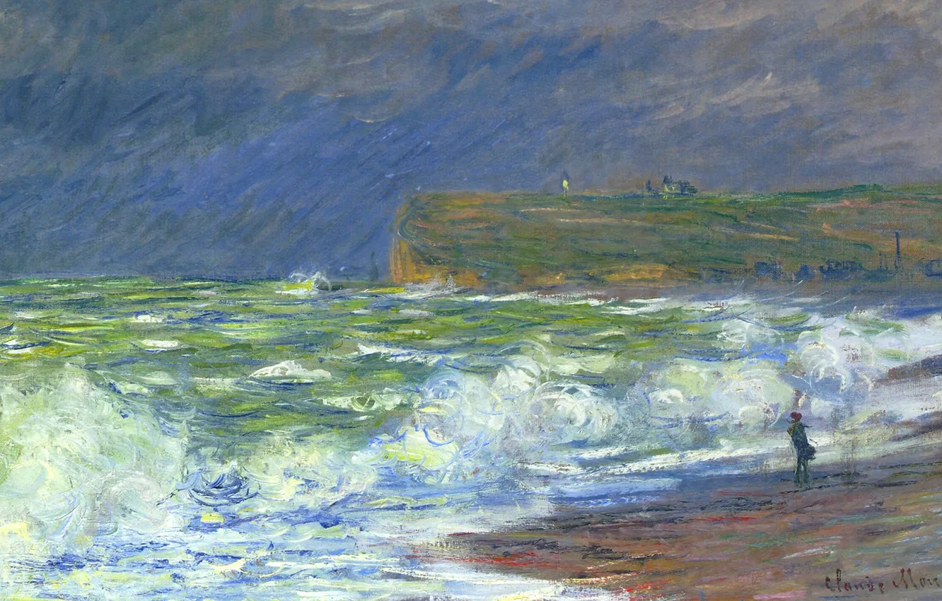 Фото обои море, волны, пейзаж, картина, Клод Моне, Пляж в Фекампе