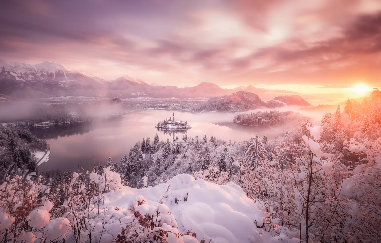 Фото обои зима, небо, деревья, пейзаж, закат, озеро, остров, Slovenia