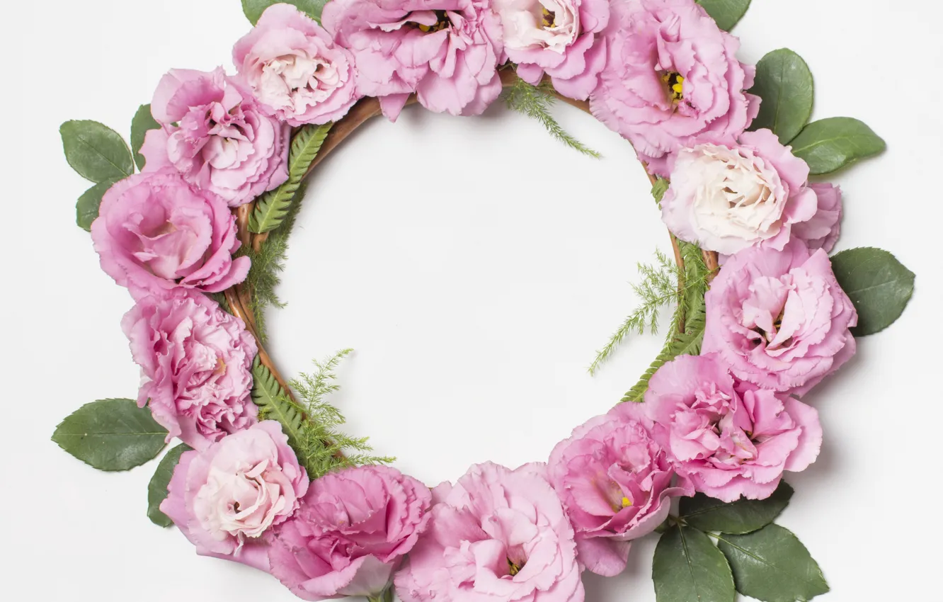 Фото обои цветы, розовые, венок, pink, flowers, wreath, эустома, eustoma