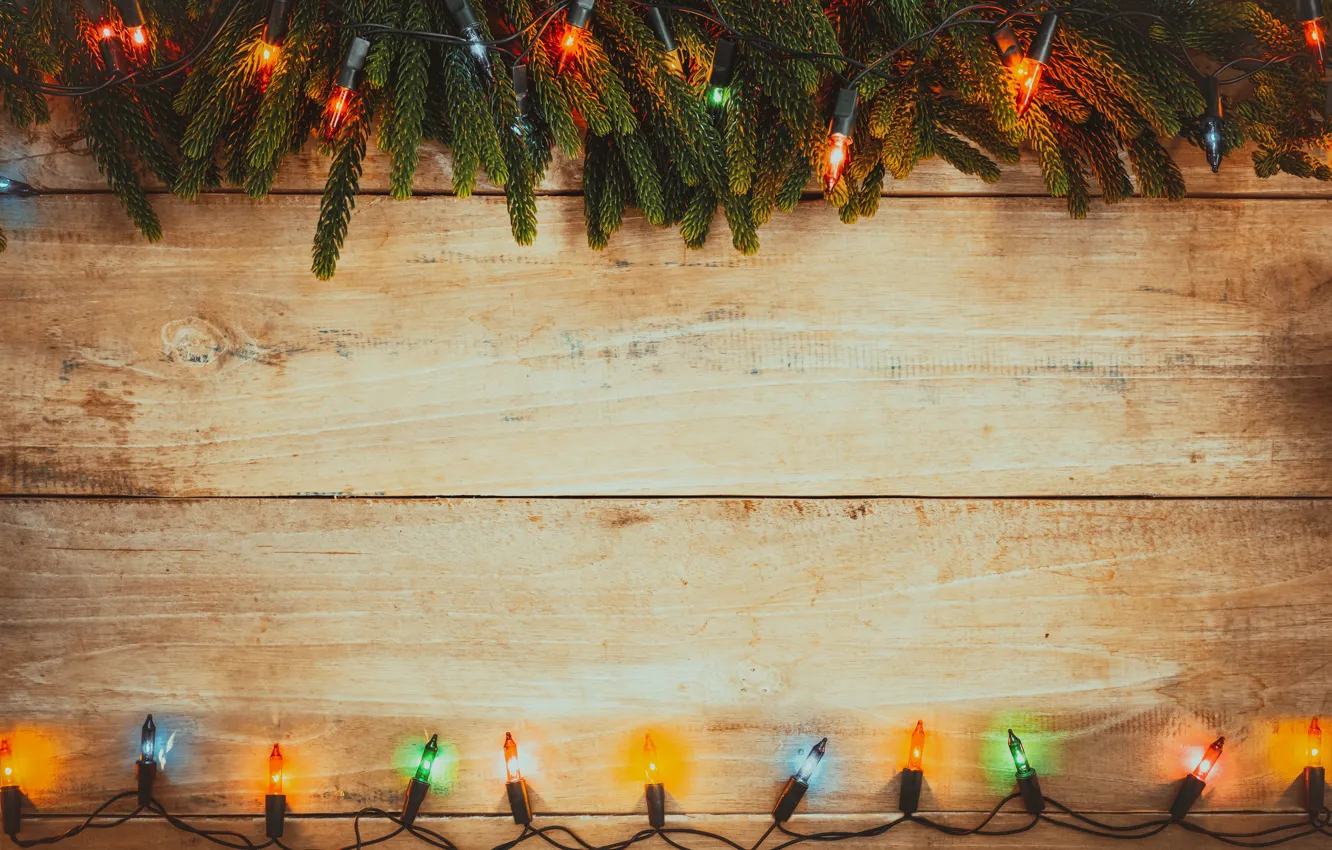 Фото обои украшения, colorful, Новый Год, Рождество, гирлянда, Christmas, wood, New Year