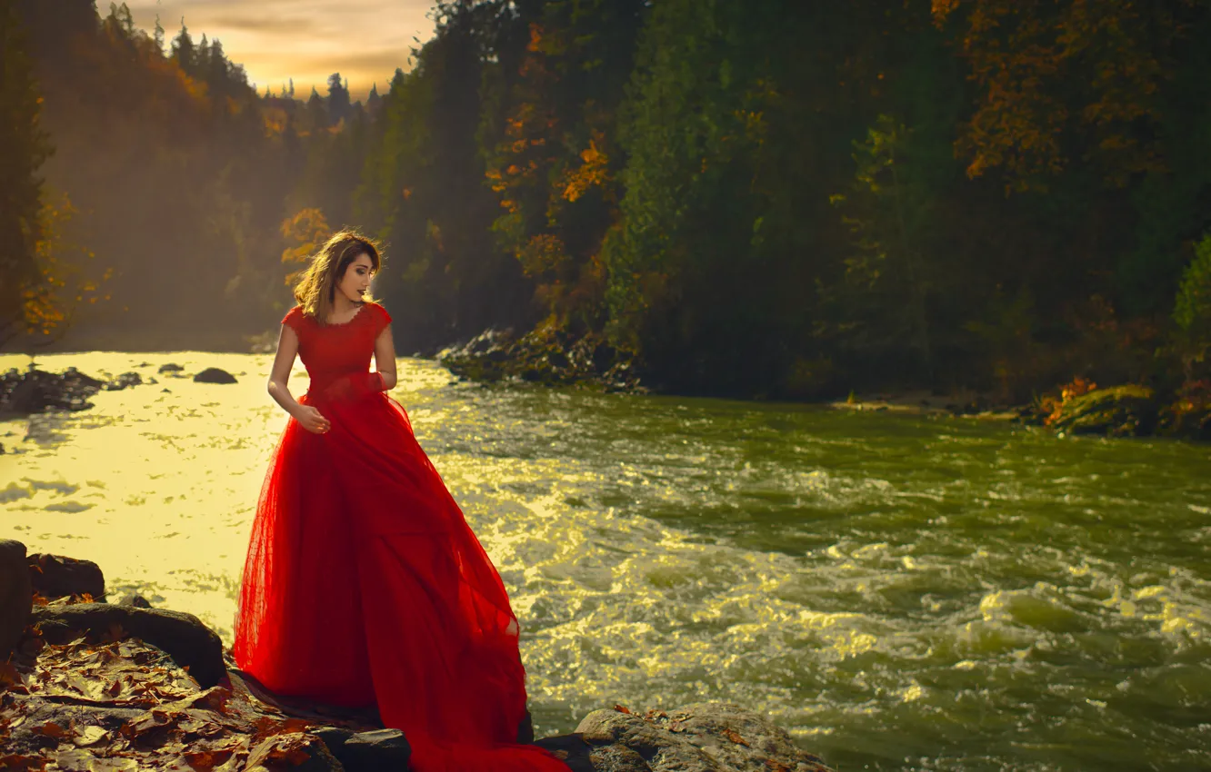 Фото обои девушка, деревья, река, азиатка, красное платье, Wora Tippayapaisal