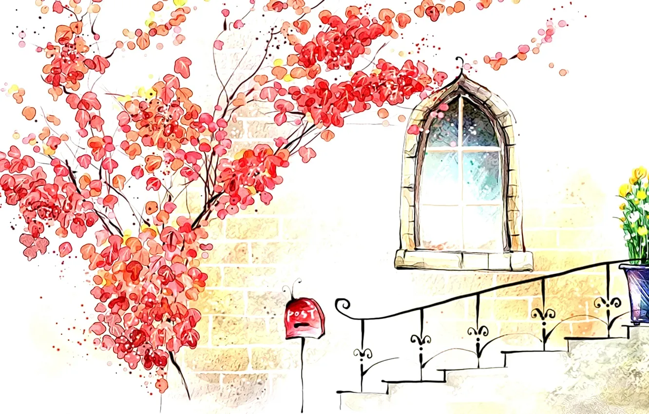 Фото обои осень, рисунок, окно, арт, акварель, картинка, крыльцо, деревце