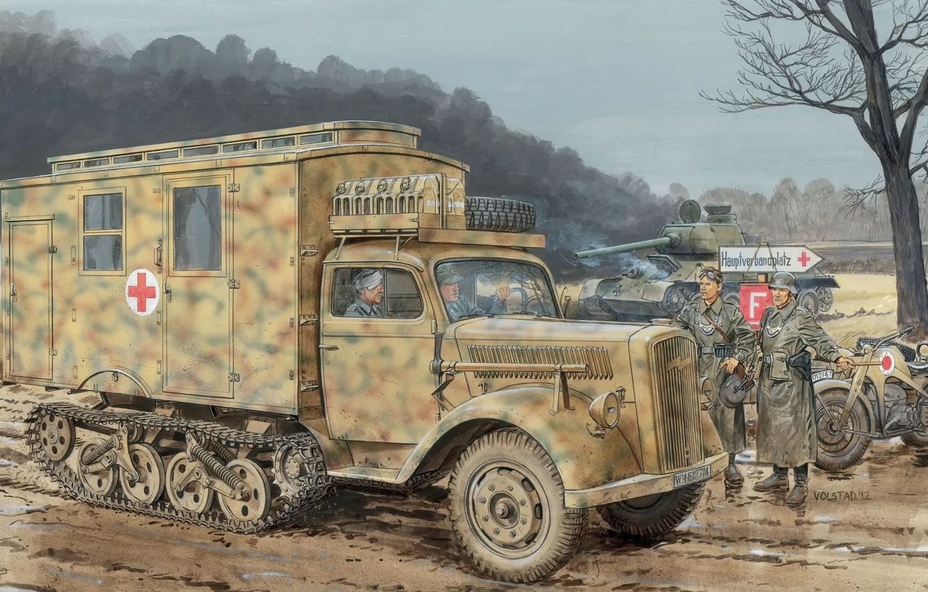 Фото обои война, рисунок, арт, Опель, грузовик, бездорожье, фирмы, немецкий