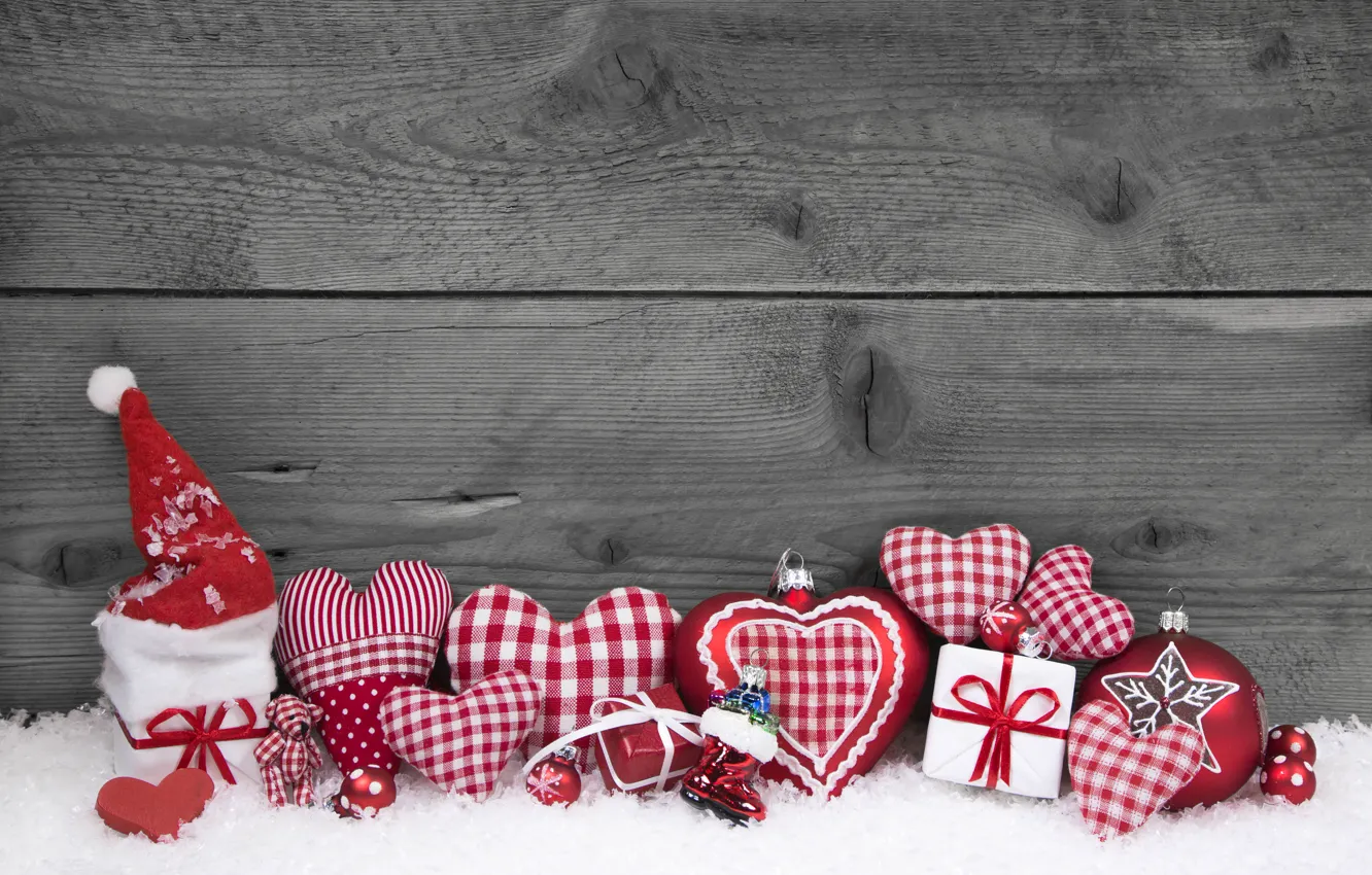 Фото обои Новый Год, Рождество, Christmas, wood, snow, hearts, decoration, gifts