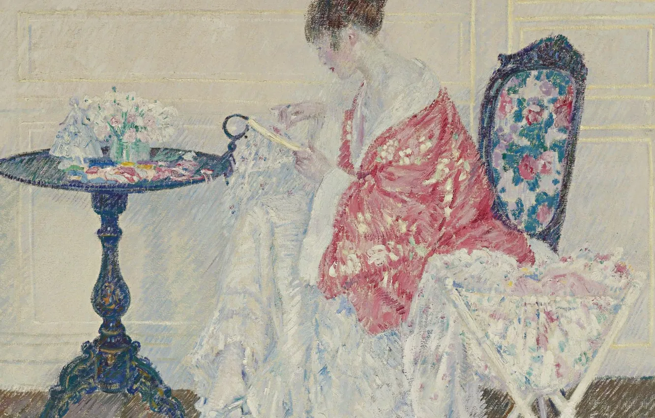 Фото обои интерьер, картина, жанровая, Frederick Carl Frieseke, Фридрих Карл Фриске, Девушка за Вышивкой