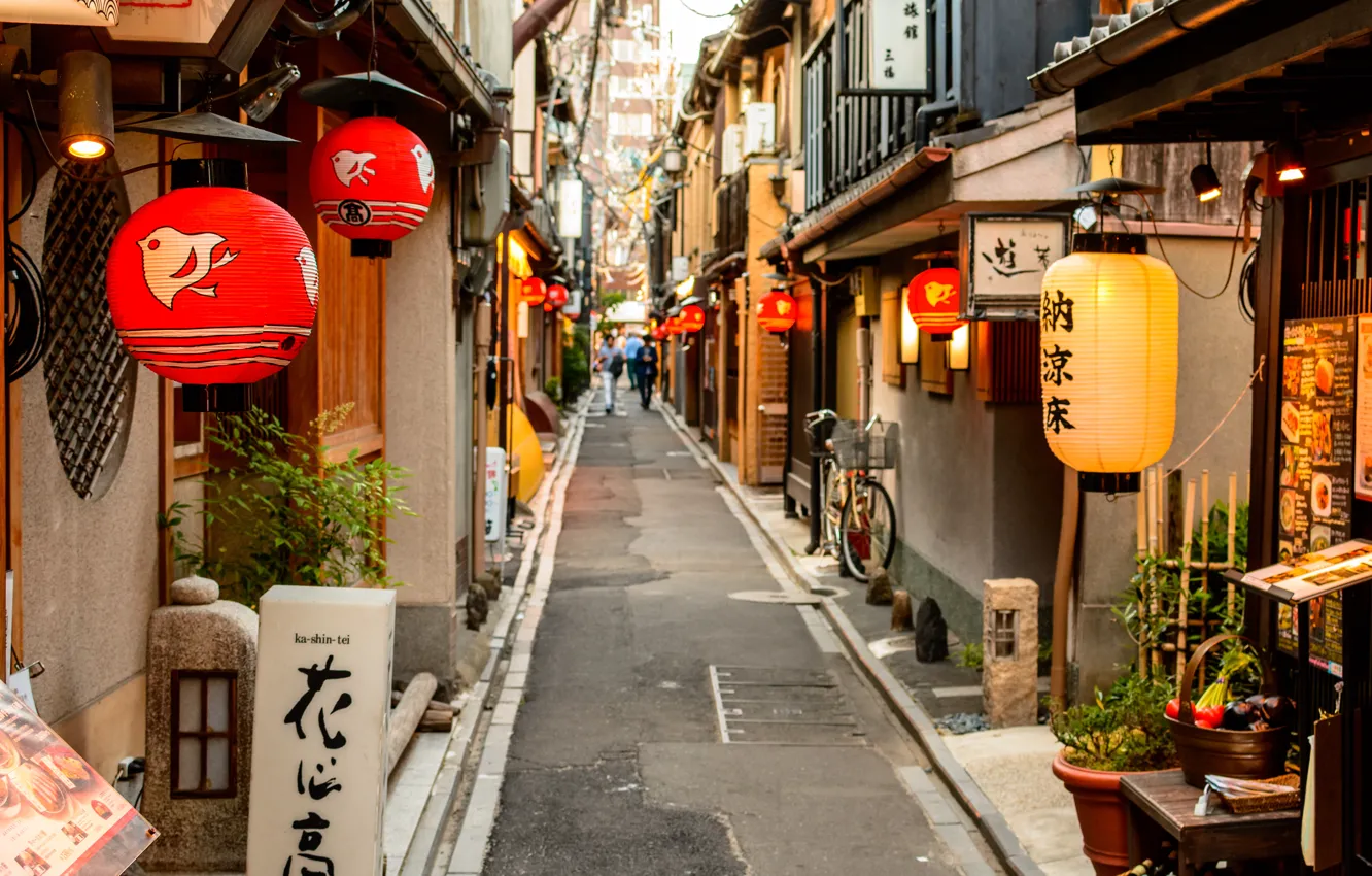 Фото обои Дорога, Город, Улица, Киото, Япони