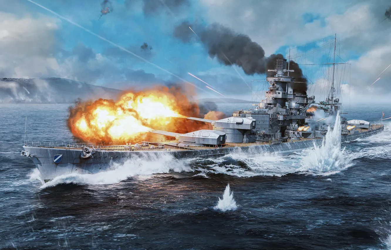 Фото обои Игра, Корабль, Выстрел, Game, War Thunder, Germany Big Fleet