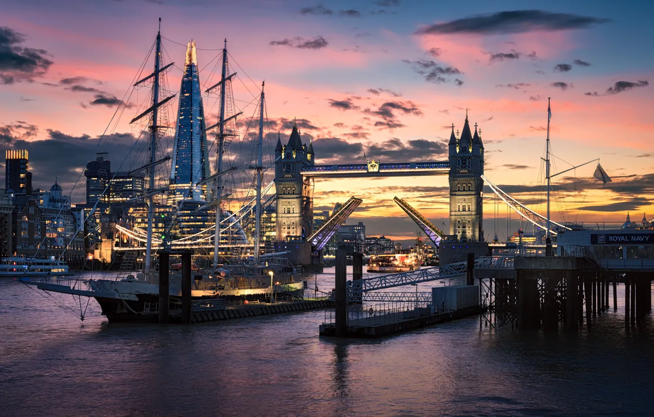 Фото обои река, корабль, Англия, Лондон, башня, Темза, Тауэрский мост
