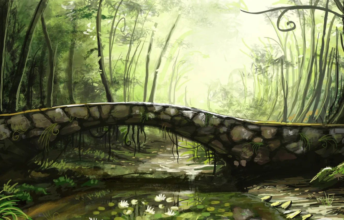 Фото обои лес, мост, рисунок, джунгли, арт, речка