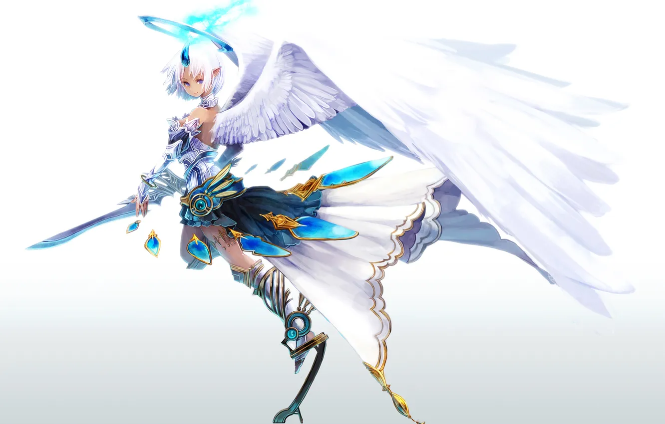 Фото обои девушка, оружие, крылья, ангел, меч, аниме, арт, нимб