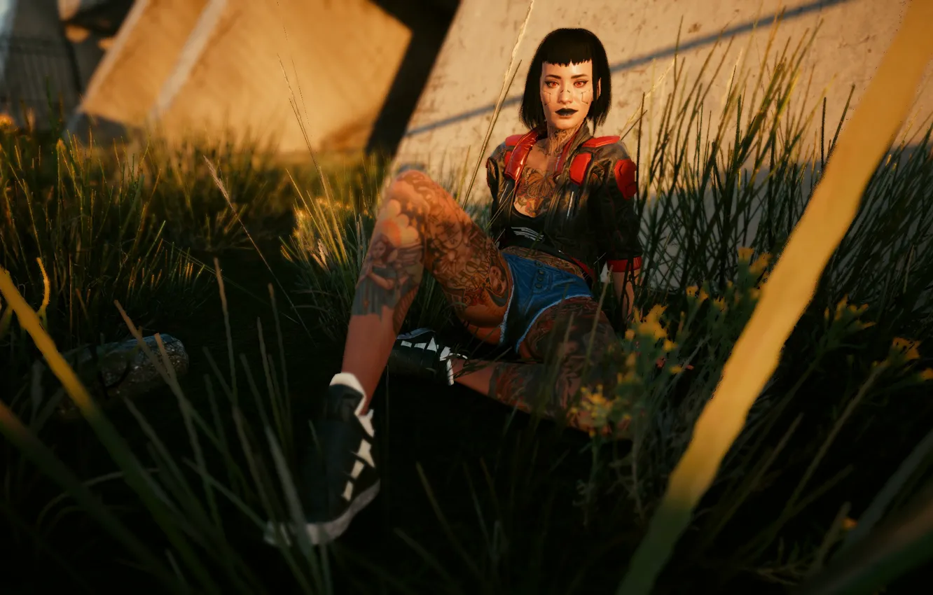 Фото обои girl, grass, game, smile, sun, cyberpunk, tatoo, babe