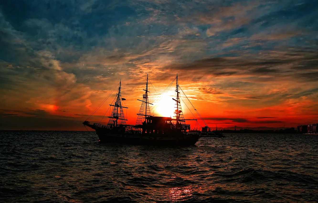 Фото обои закат, корабль, парусник