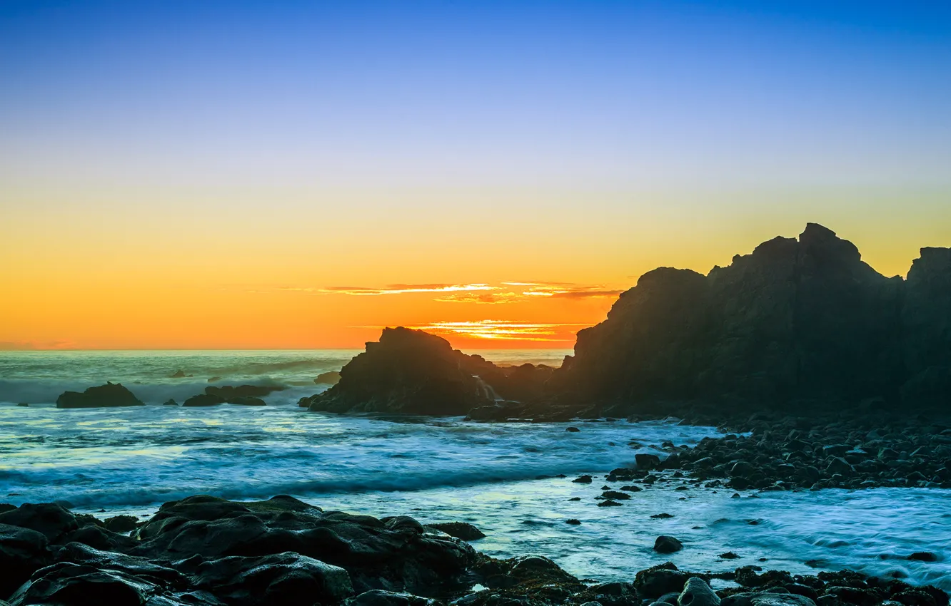 Фото обои море, небо, облака, закат, камни, скалы