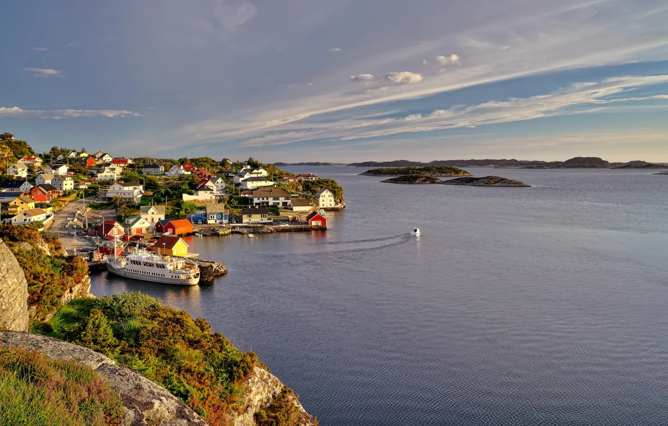 Фото обои небо, побережье, Норвегия, домики, Norway, Sotra