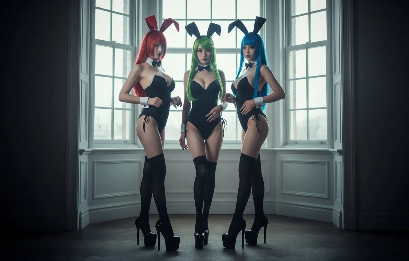 Фото обои lingerie, redhead, asian, high heels, green hair, bunny ears, Big boobs, blue hair
