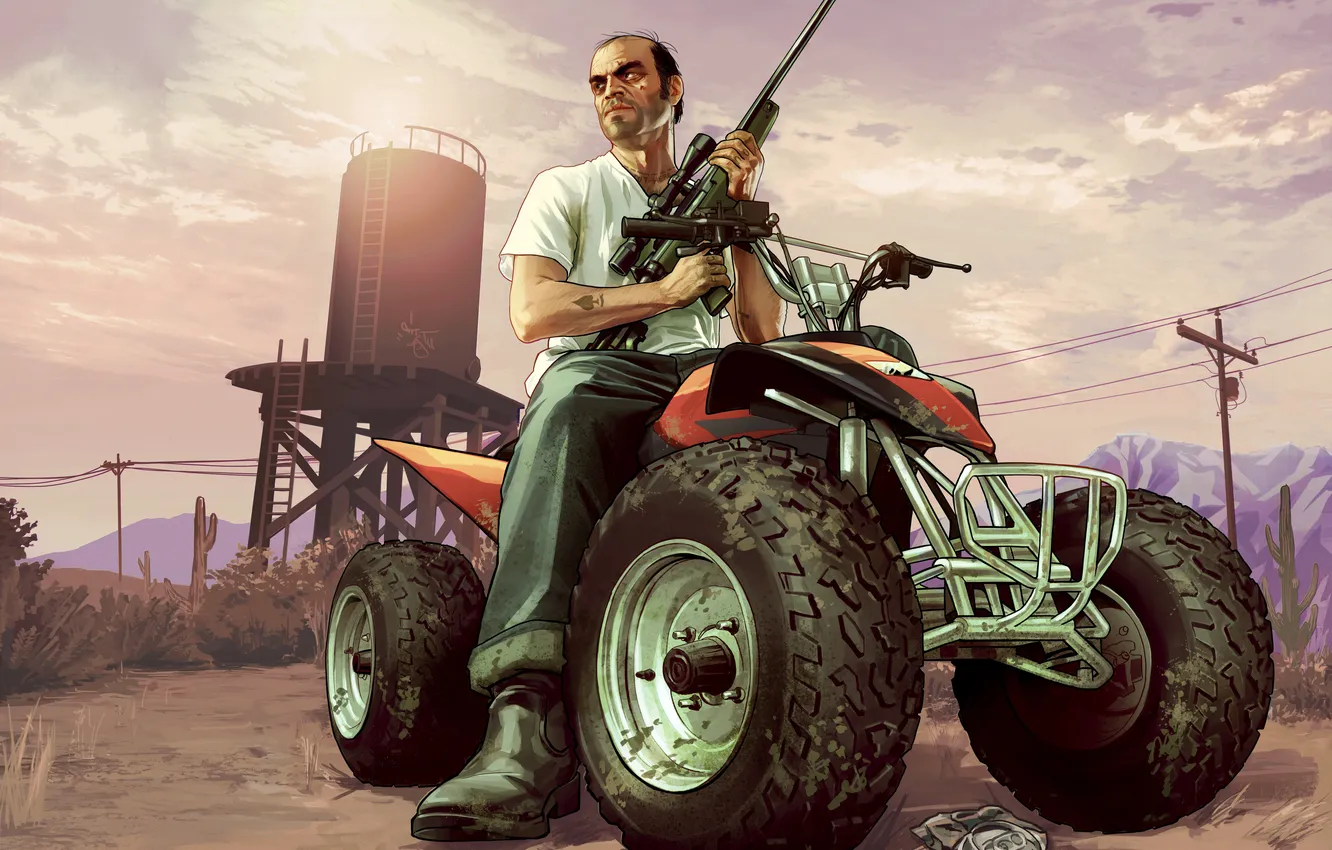 Фото обои мужик, квадроцикл, снайперка, Grand Theft Auto V, gta 5, тревор